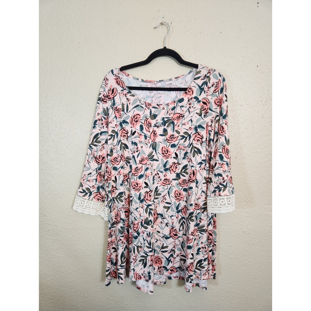 Woman Within Womens 18/20 Pink Floral Tunic 3/4 Sleeve Lace Trim High-Low Hem